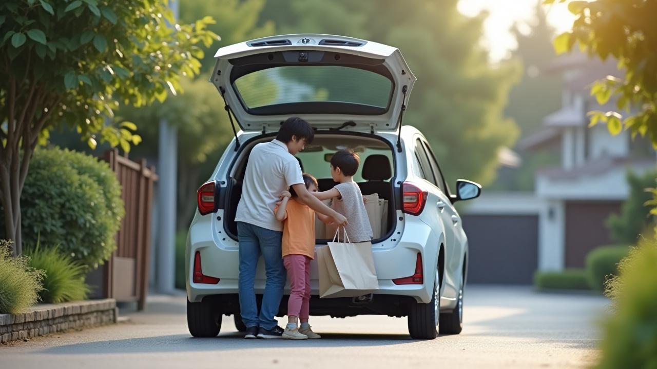 日本の住宅街に駐車された乗用車にトランクを積み込む家族